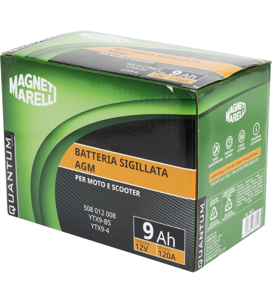 MAGNETI MARELLI BATTERIA MOTO E SCOOTER 9AH 12V 120A TECNOLOGIA AGM SIGILLATA POLO POSITIVO SINISTRO